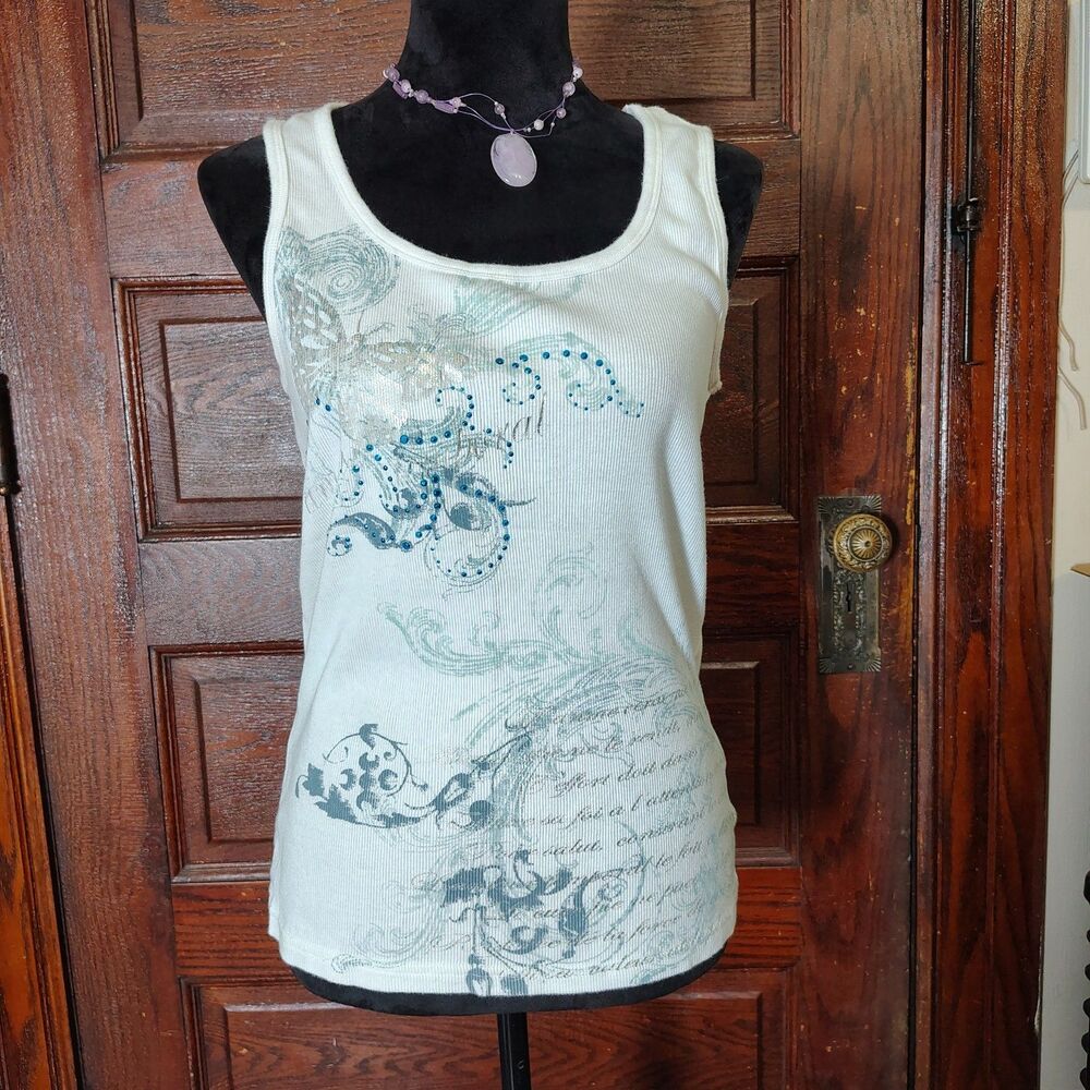 Y2K Indie Sleaze Butterfly Studded Faded Floral Script Graphic Tank Top L/T745